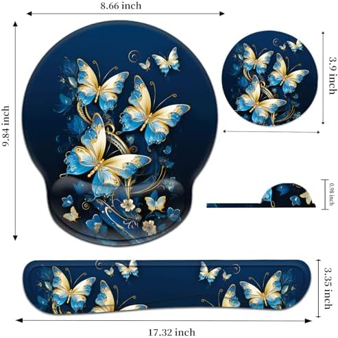 Keyboard Wrist Rest and Mouse Pad Wrist Support Set with Coaster,Ergonomic Mouse Pad,Comfortable for Easy Typing, Pain Relief,Memory Foam Keyboard Pad Set for Laptop Mac,Gold Butterflies