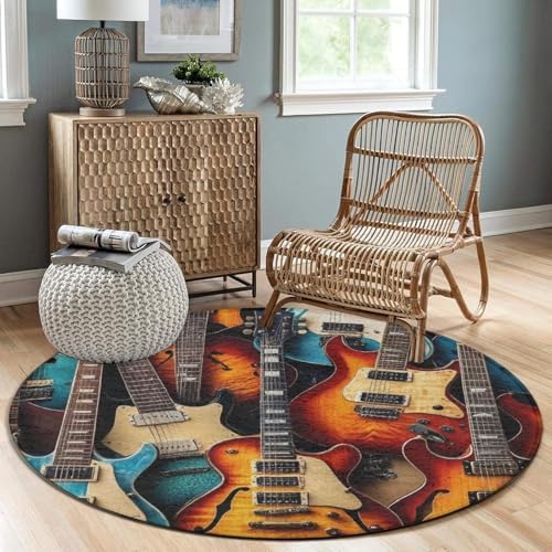 Large Home Decor Mat, Soft Round Yoga Carpet, Non Slip Machine Washable Kitchen Office Circle Rug Music Guitars