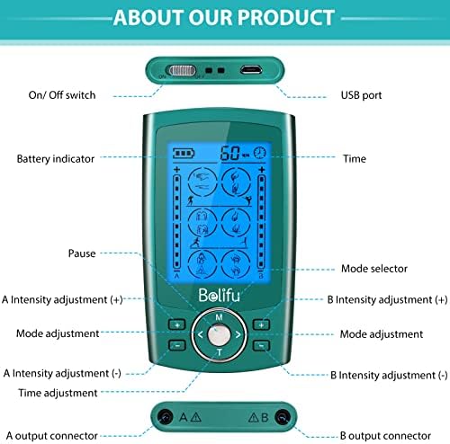 Belifu Dual Channel TENS EMS Unit 24 Modes Muscle Stimulator for Pain Relief Therapy, Electronic Pulse Massager Muscle Massager with 10 Pads, Dust-Proof Drawstring Storage Bag, Fastening Cable Ties