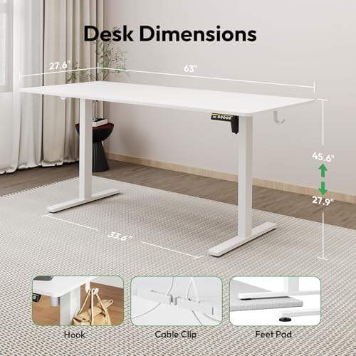 63 x 28 Inch Electric Standing Desk, 3 Memory Presets, White