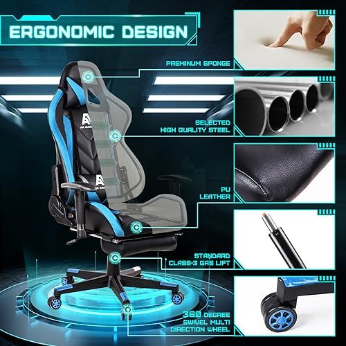 AA Products Gaming Chair High Back Ergonomic Computer Racing Chair Adjustable Office Chair with Footrest, Lumbar Support Swivel Chair - Blue