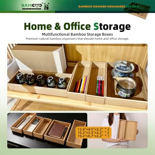 BAMOTTO CRAFTBAMBOO Stackable Bamboo Drawer Organizer Set of 5 for Kitchen