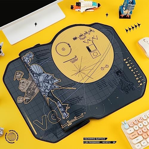 BelugaDesign Space Desk Pad | Voyager Spaceship Moon Galaxy Science SciFi Nerdy Mouse Pad | Large Gray Gold Keyboard Laptop Gaming Mousepad | Machine Washable Non-Slip Desk Blotter Protector Mat