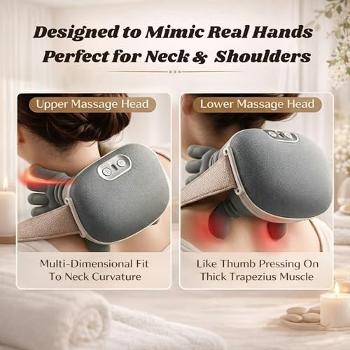 LIVINGPRO Neck & Shoulder Massager with Heat, Deep Tissue Shiatsu with Bionic Palm 4D Kneading, Simulated Human Hand Massage, 3 Adjustable Intensities, Portable Pain Relief for Home & Office