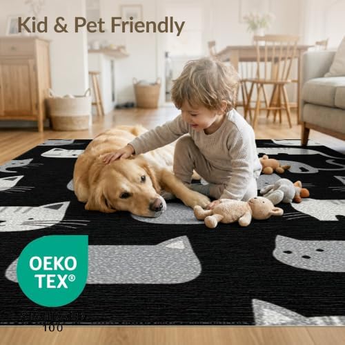 9'x12' Midnight Black Cat with Silver Accents Washable Area Rug