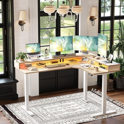 TIQLAB 63'' L-Shaped Standing Desk with LED Light Strip and Power Outlet, Height Adjustable Corner Table with Ergonomic Monitor Stand, Maple