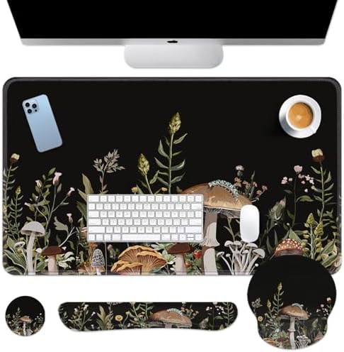 Britimes Keyboard Mouse Pad Set, 4 in 1 Desk Mat Set, Black Mushroom Flora