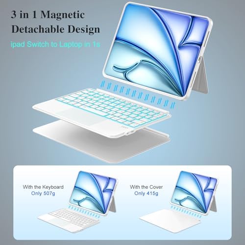 iPad Air 11 inch Case with Keyboard (M4/M3/M2, 2026/2025/2024), Pro 11, A16 11/10th, Magnetic Detachable Keyboard, Trackpad, Backlit, Adjustable Stand, Slim for Air 5/4th Gen 10.9" (White)