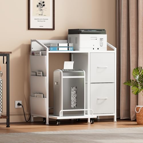 Printer Stand with Fabric Drawers, Lateral Office Filing Cabinets with Power outlets & USB Charging Port, File Cabinet with Large Printer Stands for Home Office, Shredder Stand Rack (White)