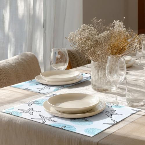 Shrahala Coastal Nautical Set of 6 12 X 18 Inch Linen Placemats, Circles Starfish Blue White Marine Theme Burlap Table Mat Washable Double Layered Heat Insulation for Indoor/Outdoor