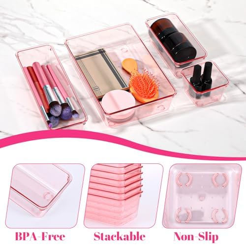 25pcs Pink Plastic Drawer Organizer Set, Clear Stackable Drawer Organizer,Kitchen Drawers Dividers for Bathroom, Office, Kitchen Cabinets and Dressing Tables