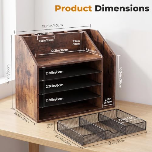 5-Tier Wood Desk Organizer and Pen Holder, File and Mail Sorter with Drawer