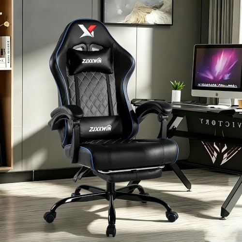 Gaming Chair with Pocket Spring Cushion, Ergonomic High Back Computer Chair with Footrest and Lumbar Support, Adjustable Height 360° Swivel Recliner, Blue