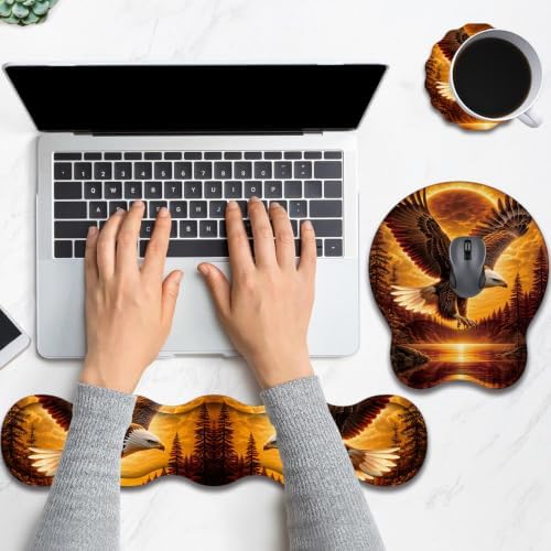 Ergonomic Keyboard Wrist Rest & Mouse Wrist Support Set with Lace Coaster, Gel Memory Foam Anti-Slip Base, Pain Relief for Typing, Bald Eagle Sunset