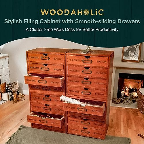 Stackable Apothecary Cabinet, 16 Drawer Wooden Storage I Vintage Card Catalog Style Organizer for Coins, Trading Cards, Crafts & DMC Floss I Multi Drawer Modular Wood Desk Cabinet w/Label Holders