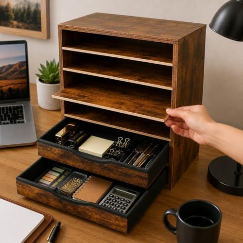 Wooden Mail Organizer, Desk Paper Organizer Wood, Brown