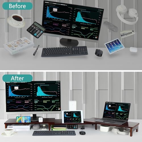 Nnewvante Dual Monitor Riser, 60 inch Bamboo Monitor Stand for Desk, Walnut