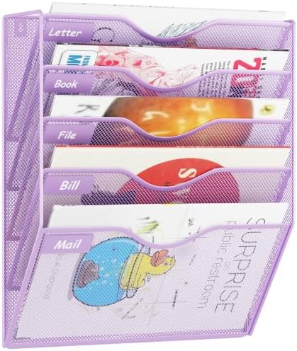5 Pockets Hanging Wall File Organizer Mail Holder, Wall Mounted Paper Document Folder Holder, Clipboard Storage Organization Magazine Rack, Light Purple