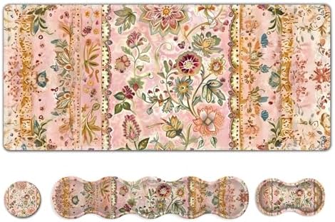 Desk Mat Gaming Mouse Pad, Cute Desk Matt Keyboard Wrist Rest for Desktop, Anti-Slip Mousepad w/Stitched Edges, XXL Large Mouse Pad with Wrist Support for Desk Computer I Pink Retro Flower Vine
