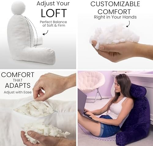 Husband Pillow XXL The Original for Adults - 30" Tall Backrest for Sitting Up in Bed - Firm Support Reading & Bed Rest Pillows for Adults, Neck Roll, Removable Cover - TV - Purple