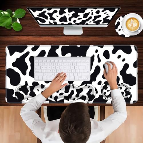 Keyboard Wrist Rest and Mouse Pad with Wrist Support Set Ergonomic Coaster,Memory Foam,Easy Typing Pain Relief,Large XL Desk Mat 31.5"x 11.8",Cute Cow Print