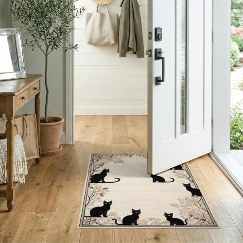2'x3' Black Cat Taupe Design with Motifs Washable Doormat