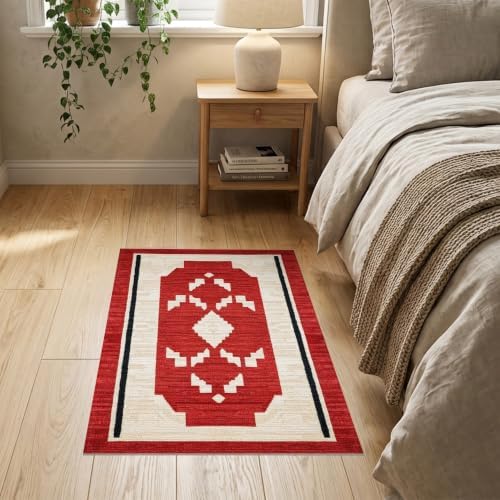 2'x3' Red Ivory Cat Crimson Boho Geometric Washable Accent Rug