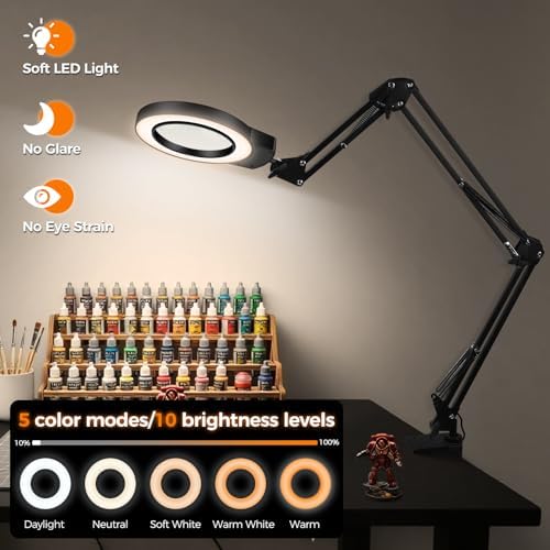 NOEVSBIG Magnifying Glass with Light 10X Desktop Lamp Close Work Up for Desk Crafting, Reading, Sewing, Panting, Soldering, Ultra 3-Section Swing Arm Design for Large Workbench, Hands Free Magnifier
