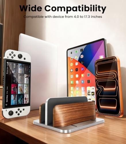 LOXP Vertical Laptop Stand, Dual Slot Wooden + Aluminum Laptop Holder