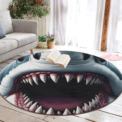 Women's Large Home Decor Mat, Soft Round Yoga Carpet, Non Slip Machine Washable Home Office Circle Rug Shark