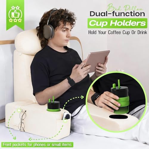 Reading Pillow for Adults, Back Pillow for Bed Sitting Up, Backrest Pillow for Sitting in Bed, Detachable Arms with Built-in Cup & Phone Caddy (Beige, 21 INCH)
