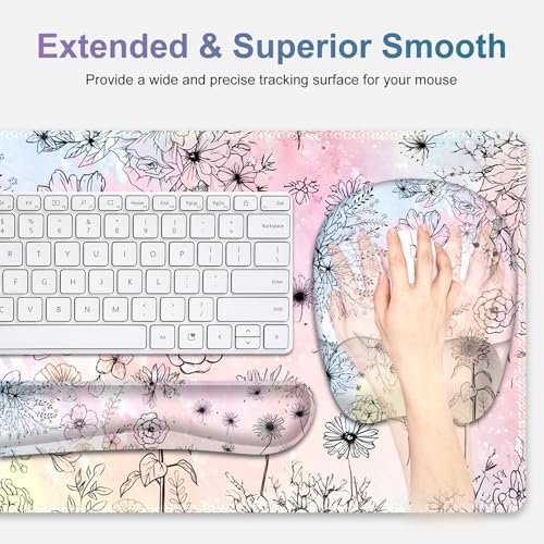 Large Mouse Pad, Keyboard Wrist Rest Set, Ergonomic Mouse Pad with Wrist Support, Desk Mat with Stitched Edges Extended Desk Pad Waterproof Desk Mat for Home Office Game I Dandelion & Sunflower