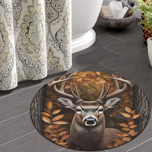 Fashion Round Area Rug Large Non Slip Carpet Unisex Home Decor Mat Fall Leaves Hunting Camo Tree Deer