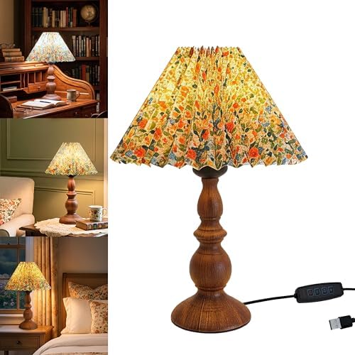 DYMOND Vintage Pleated Floral Table Lamp, Integrated LED No Bulb Needed, 3 Color Dimmable Desk Lamp for Bedroom Nightstand