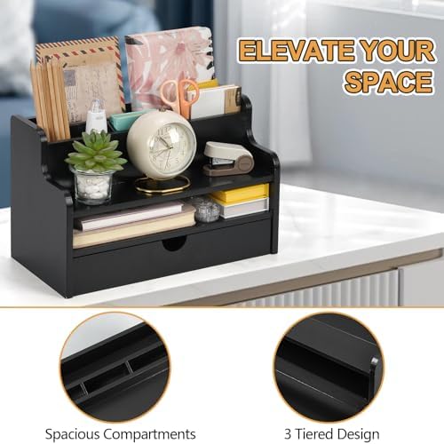 Mail Organizer Countertop, 4 Slots Desk Organizer with Drawer and Shelf