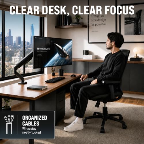 EVEO Premium Single Monitor Arm 14"–34", Adjustable Gas Spring Monitor Mount, Single Arm Desk Mount for 34 Inch Computer Screens, VESA Compatible Stand with Clamp and Grommet Base – Black