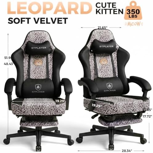 GTPLAYER Gaming Chair with Leopard Print Cat, Cute Velvet Fabric Ergonomic Office Chair with Footrest Headrest and Lumbar Support, Big and Tall Comfortable Video Gamer Chair for Women Gift