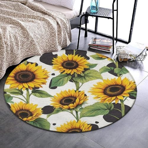 Machine Washable Modern Round Area Rug, Room Sofa Yoga Soft Round Carpet, Home Decor Non Slip Kitchen Office Circle Rug 80s Vintage Cow Print Sunflowers, 36inch