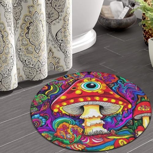 Room Sofa Yoga Soft Round Carpet, Home Decor Non Slip Kitchen Office Circle Rug, Machine Washable Modern Round Area Rug Trippy Eye Magical Mushroom Sun Moon Floral Art, 24inch