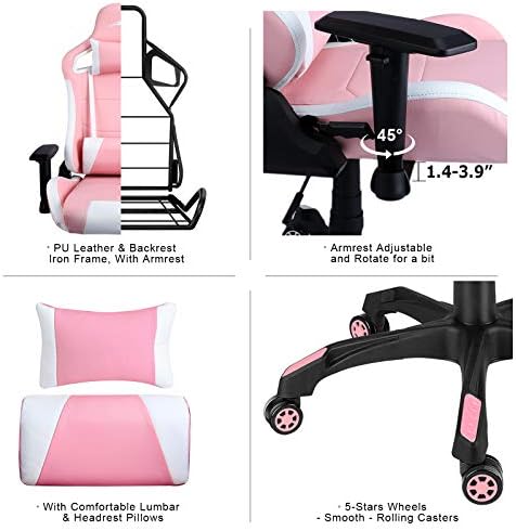 Leopard Gaming Chair, High Back PU Leather Office Chair, Adjustable Video Gaming Chairs, Swivel Racing Chair with Adjustable Armrest (White/Pink)