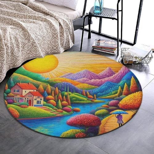 Large Round Area Rug Home Decor Modern Bathroom Rug Kitchen Office Circle Rug for Living Room Sofa Circle Cute Mat Colorful Red Cottage Landscape Art, 36inch