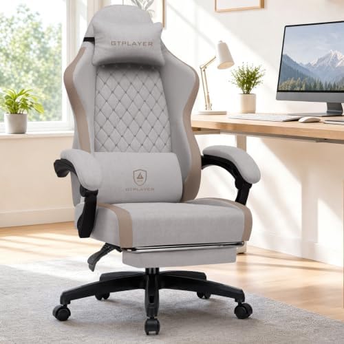 GTPLAYER Gaming Chair Fabric with Pocket Spring Cushion, Big and Tall Gamings Chairs 350LBS High Back Computer Chair with Footrest for Adults Lumbar Support Swivel Game Chair for Office Light Brown
