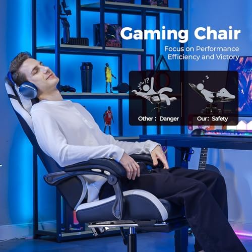 GTPLAYER Gaming Chair with Footrest, Video Game Chairs Racing Style PC Game Chairs 350lbs for Adults - Padded High Back Ergonomic Reclining Silla Gamer, Linkage Armrest,White