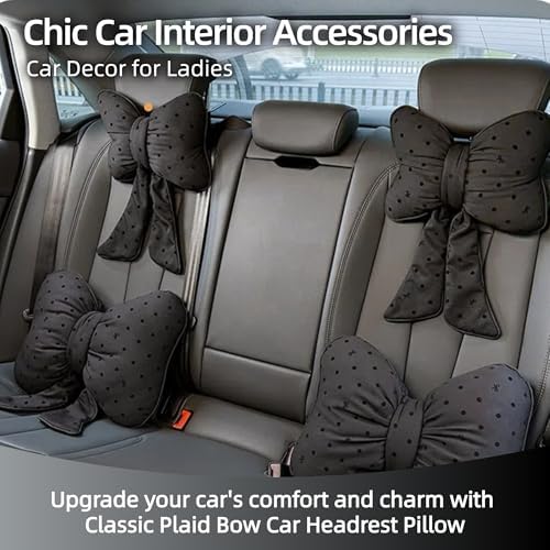2PCS Chic Car Headrests with Bow-Shaped Cotton Linen Bowknot Neck Pillows for Cozy Road Trip & Cute Interior Decoration (Black Polka)