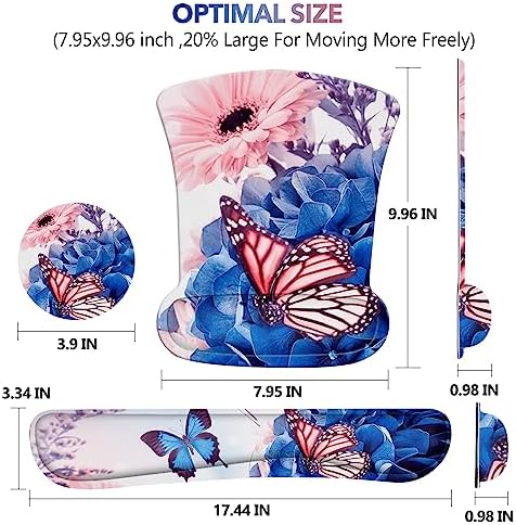 AIMSA Wrist Rest Support Mouse Pad Ergonomic, Memory Foam Keyboard Wrist Rest Set Non-Slip Easy Typing and Relieve Wrist Pain Mouse Mat for Computer Office -Butterfly Flower