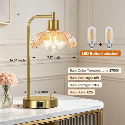 Glass Table Lamps Set of 2, Champagne Dimmable Bedside Lamps for Bedroom