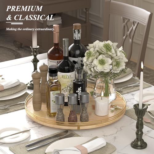 AMH 18-Inch Rustic Lazy Susan with Solid Oak Base and Gold Iron Rail
