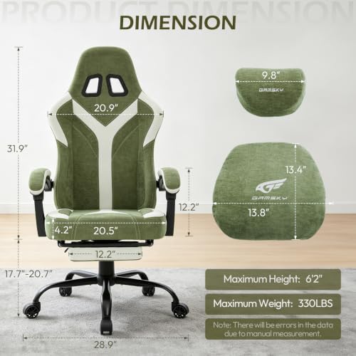 Ergonomic Gaming Chair for Adults - Comfortable Office Computer Chair with 20.5” Wide Seat, Adjustable Video Game Chair with Footrest and Lumbar Support for Home Office, Green
