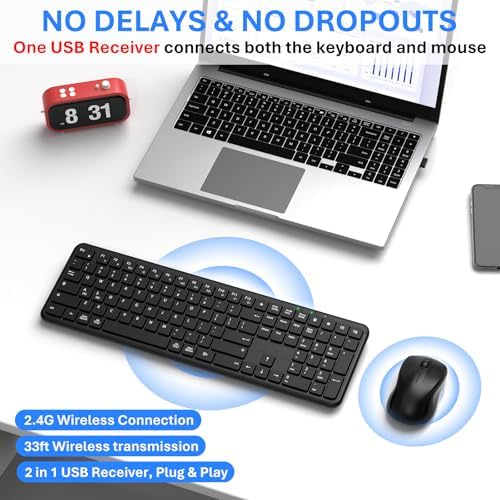 Wireless Keyboard and Mouse Combo, Full-Size Silent Ergonomic Keyboard and Mouse, Sleep Mode, Long Battery Life, 2.4G Lag-Free Cordless Mice Keyboard Set for Computer, Laptop, PC, Mac, Windows (Black)