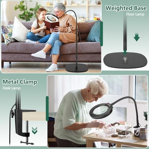 15X Magnifying Glass with Light and Stand, Real Glass Lens, 5 Color Modes, Stepless Dimmable, 24" Flexible Gooseneck 3-in-1 Floor Lamp, LED Lighted Magnifier Hands Free for Close Work, Craft, Painting
